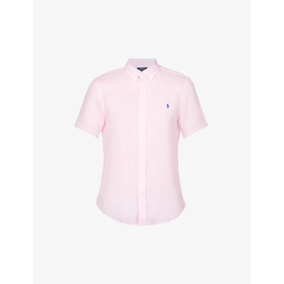 Shop Polo Ralph Lauren Logo-embroidered Slim-fit Linen Shirt In Carmel Pink