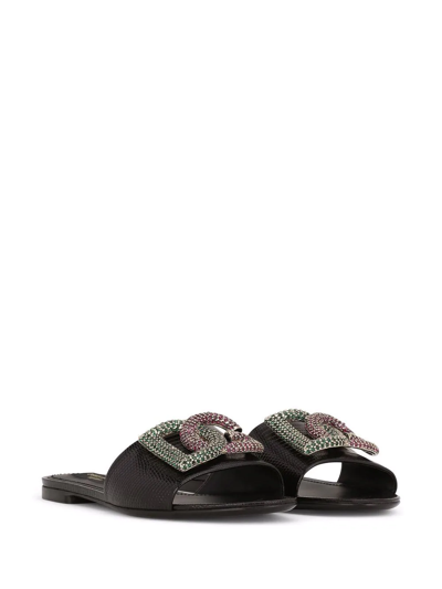 Dolce & Gabbana Crystal-logo Leather Slides In Black
