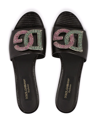 Shop Dolce & Gabbana Crystal-logo Leather Slides In Black
