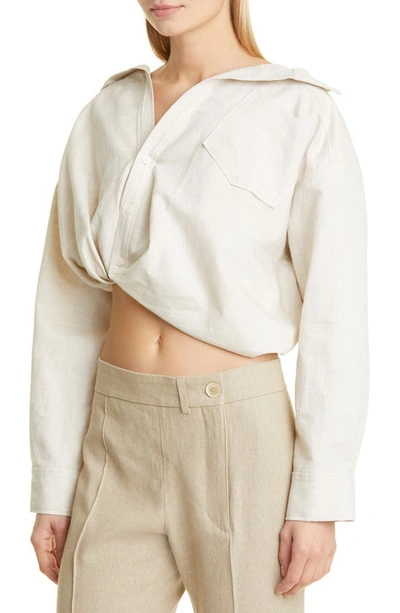 Shop Jacquemus La Chemise Mejean Crop Cotton & Linen Button-up Shirt In Beige