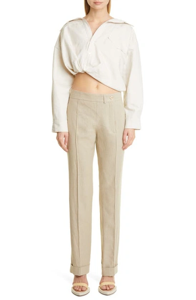 Shop Jacquemus La Chemise Mejean Crop Cotton & Linen Button-up Shirt In Beige