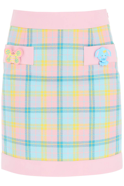 Shop Moschino Cotton Mini Skirt With Check Print In Pink,yellow,green