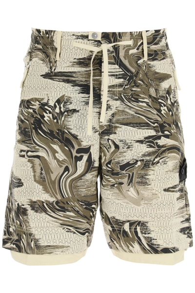 Shop Stone Island Shadow Project Neo-flora Print Linen Shorts In Beige,khaki,black