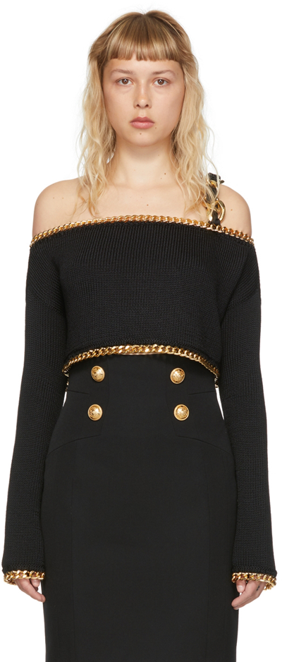 Balmain Cropped Off-the-shoulder Chain-embellished Knitted Top In 0pa Black