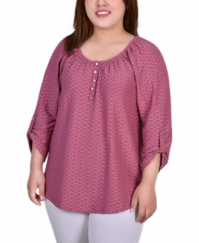 Shop Ny Collection Plus Size 3/4 Sleeve Honeycomb Henley Top In Mauve