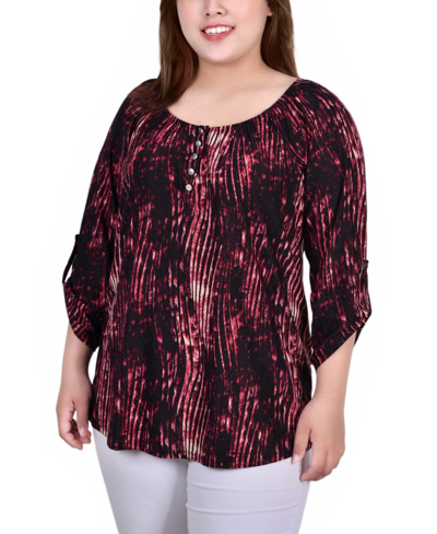 Ny Collection Plus Size 3/4 Push Tab Round Neck Henley Top In Red Swirlbreeze