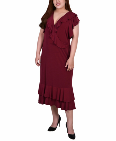 Shop Ny Collection Plus Size Short Flutter Sleeve Ruffle Neck Dress In Deep Burgundy