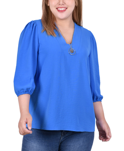 Plus Size 3/4 Puff Sleeve Top With Detachable Necklace In French Blue