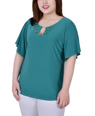 Ny Collection Plus Size Short Flutter Sleeve Knit Top In Cadium Green