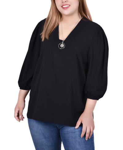 Ny Collection Plus Size 3/4 Puff Sleeve Top With Detachable Necklace In Black