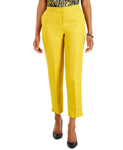 Shop Kasper Petite Linen Cropped Straight-leg Pants In Butterscotch Yellow