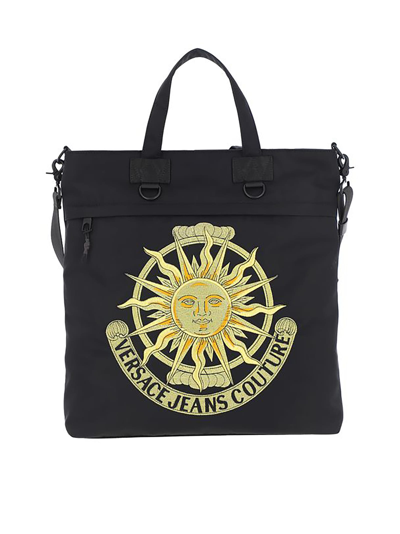 Shop Versace Jeans Couture Fabric Tote With Embroidered Logo Detail In Nero