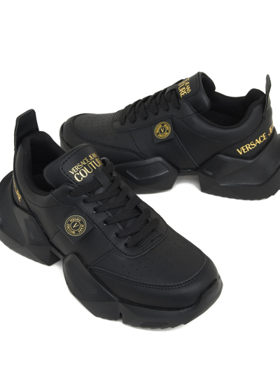 Shop Versace Jeans Couture Leather Running Sneakers With Oversized Outsole In Black