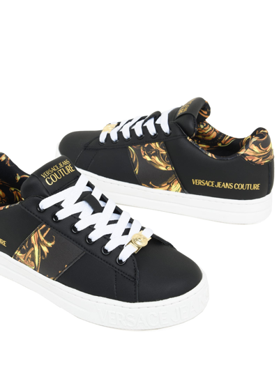 Shop Versace Jeans Couture Low-top Leather Sneakers With Print Insert In Black/gold