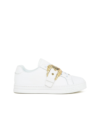 Shop Versace Jeans Couture Low-top Leather Sneakers With Buckle Detail In White