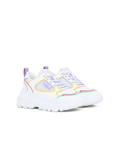 Shop Versace Jeans Couture Leather Platform Sneakers With Coloured Lines In Bianco Ottico