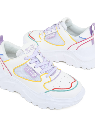 Shop Versace Jeans Couture Leather Platform Sneakers With Coloured Lines In Bianco Ottico