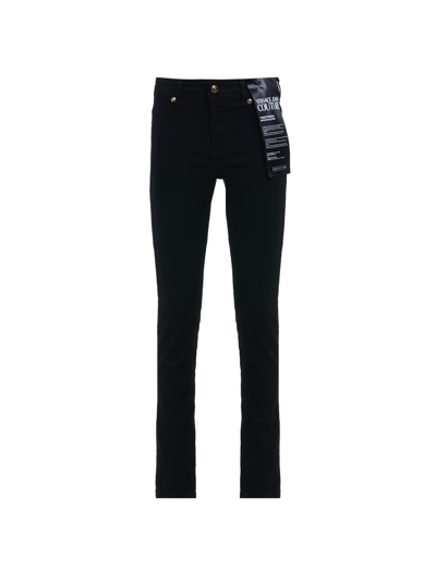 Shop Versace Jeans Couture Embroidered Black Stretch Denim Jeans In Black Black