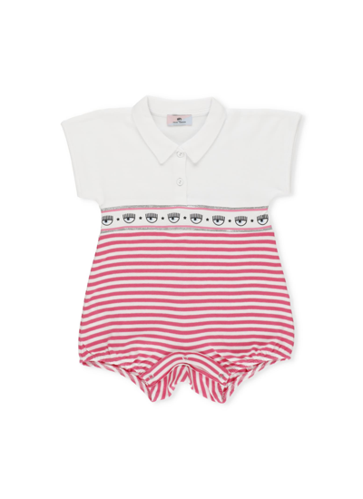 Shop Chiara Ferragni Striped Baby Romper With Maxi Logomania In White