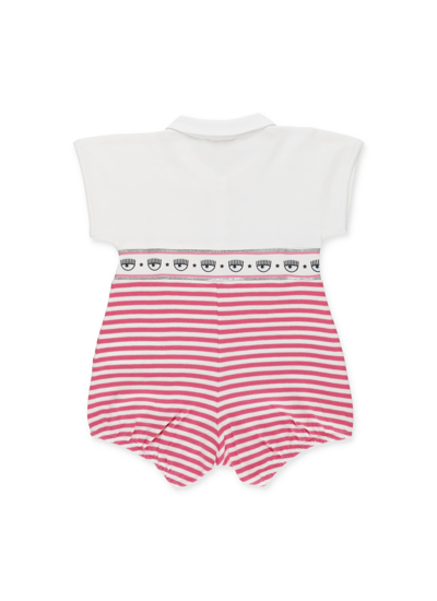 Shop Chiara Ferragni Striped Baby Romper With Maxi Logomania In White