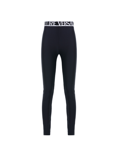 Shop Versace Jeans Couture Plain Leggings With Logo Elastic Waist In Nero