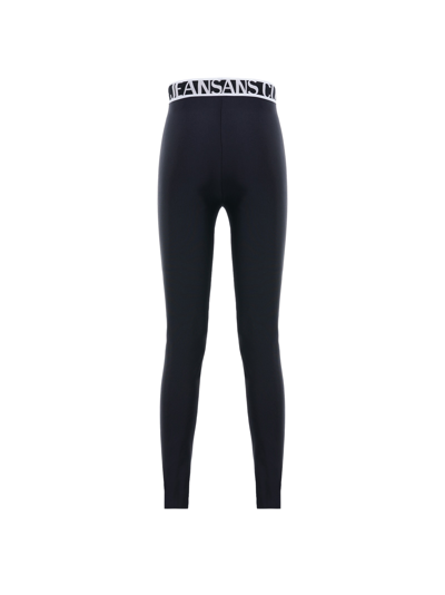 Shop Versace Jeans Couture Plain Leggings With Logo Elastic Waist In Nero