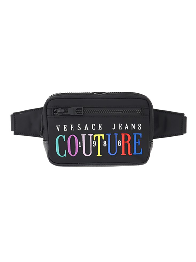 Shop Versace Jeans Couture Fabric Sling Bag With Multicolored Logo In Black