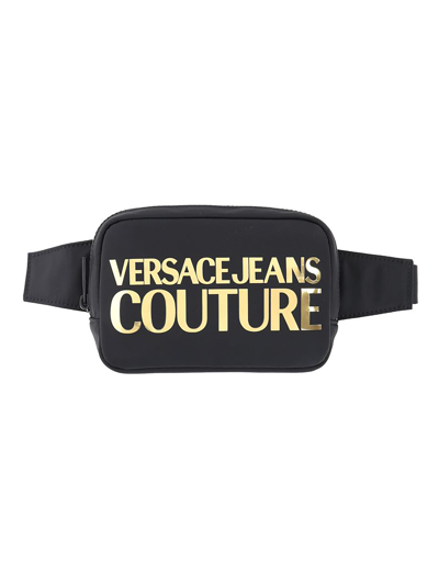 Shop Versace Jeans Couture Fabric Sling Bag With Gold-tone Logo In Black