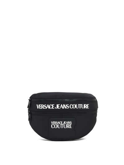 Shop Versace Jeans Couture Fabric Sling Bag With Logo Details In Black