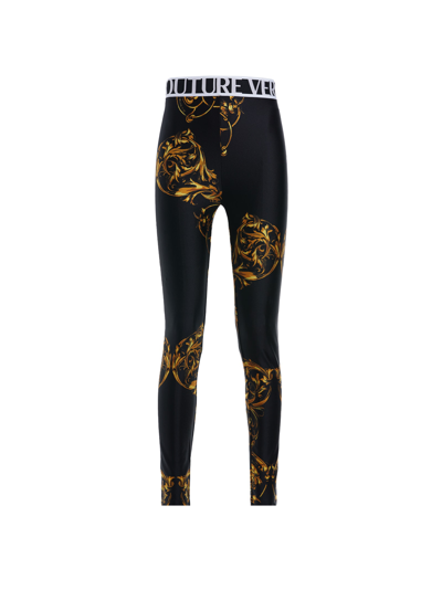 Shop Versace Jeans Couture Print Leggings With Logo Elastic Waist In 899 + 948