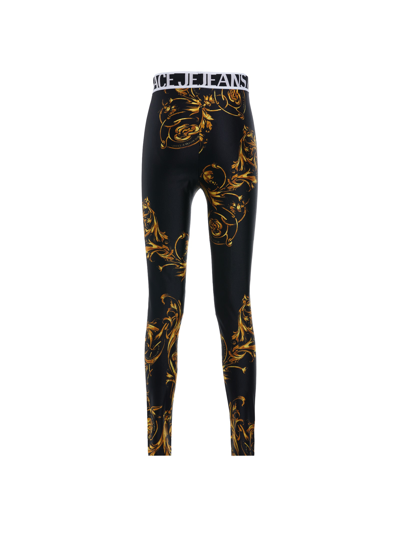 Shop Versace Jeans Couture Print Leggings With Logo Elastic Waist In 899 + 948