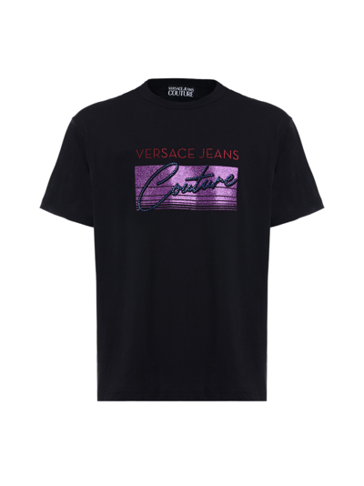 Shop Versace Jeans Couture T-shirt With Glitter Print In Black