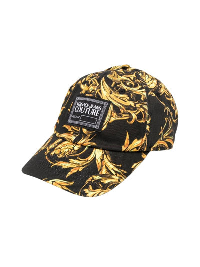 Shop Versace Jeans Couture Baseball Cap W/central Sewing Hat Printed Canvas Garland In Black Gold