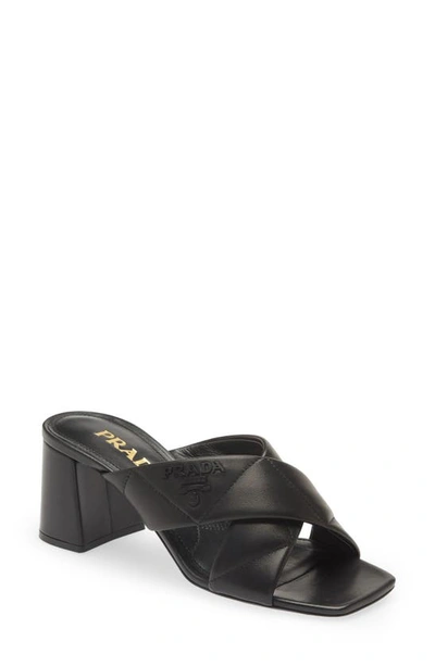 Shop Prada Cross Strap Block Heel Sandal In Nero