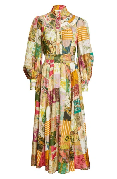 Shop Alemais Hattie Cotton & Silk Patchwork Midi Dress In Multi