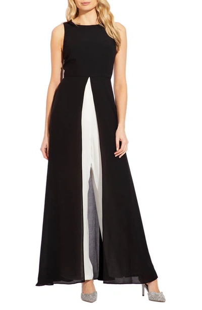 Shop Adrianna Papell Crepe Overlay Jumpsuit In Black/ Ivory