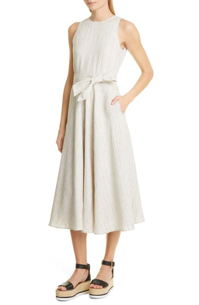Shop Max Mara Stripe Sleeveless Linen Dress In Sabbia