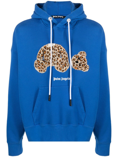Shop Palm Angels Leopard Blue Hooded Sweatshirt