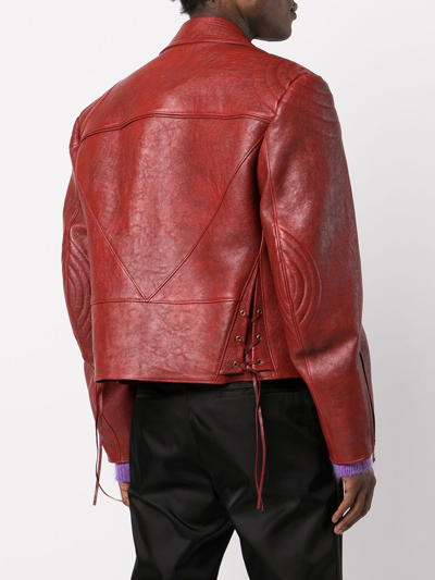 Shop Prada Leather Biker Jacket In Red