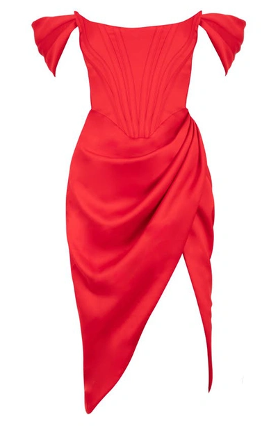 Shop House Of Cb Loretta Off The Shoulder Satin Corset Dress In Red