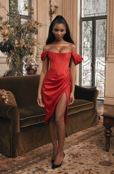 HOUSE OF CB Loretta Off the Shoulder Satin Corset Dress