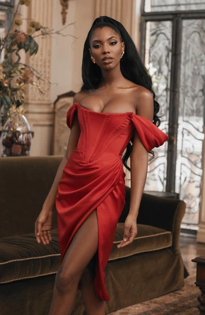 Shop House Of Cb Loretta Off The Shoulder Satin Corset Dress In Red
