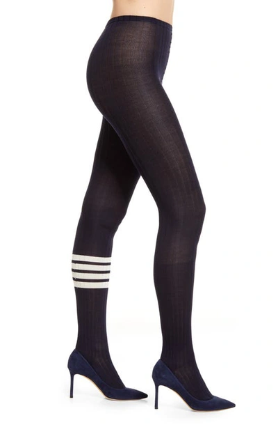 Shop Thom Browne Ribbed Bar Stripe Merino Wool Opaque Tights In Navy