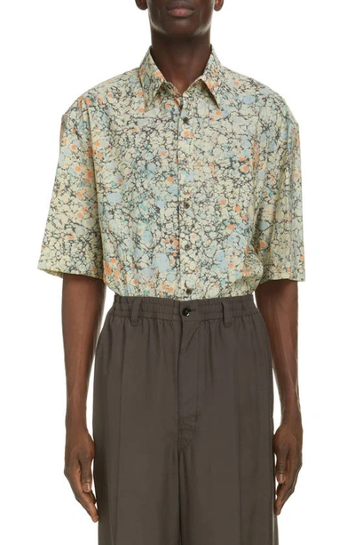 Shop Lemaire Printed Short Sleeve Button-up Shirt In Pale Sage/ Coral