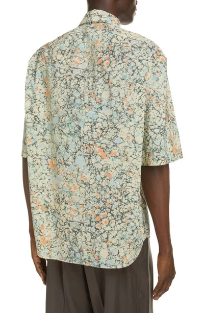 Shop Lemaire Printed Short Sleeve Button-up Shirt In Pale Sage/ Coral
