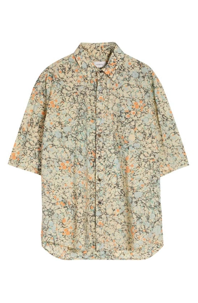 Shop Lemaire Printed Short Sleeve Button-up Shirt In Pale Sage/ Coral