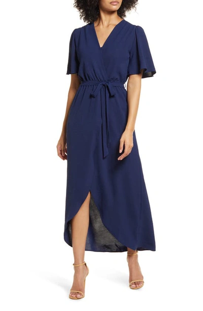 Shop Fraiche By J Flutter Sleeve Faux Wrap Maxi Dress In Navy