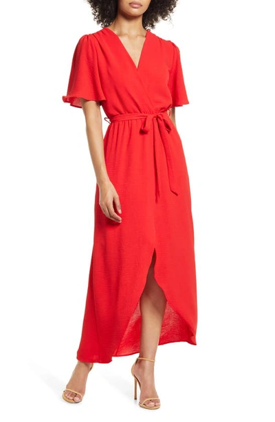Shop Fraiche By J Flutter Sleeve Faux Wrap Maxi Dress In Tomato