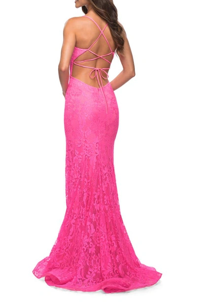 Shop La Femme Strappy Back Stretch Lace Gown In Neon Pink