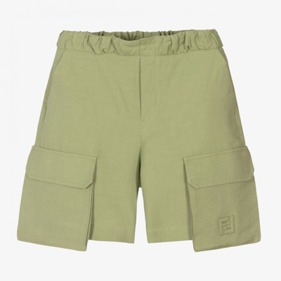 Shop Fendi Boys Green Linen Ff Shorts